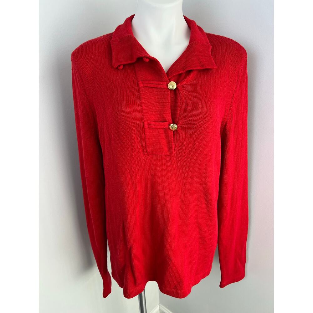 Women's Chaps Red Pullover Cotton Sweater With Gold Buttons Preppy Old Money XL